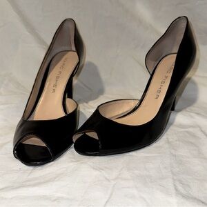 Marc Fisher peep toe Joey black faux patent leather heels